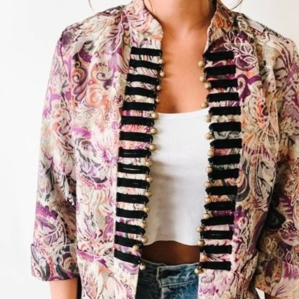 Joni B. Womens Paisley Tapestry Military Style Open Front‎ Jacket Purple Gold M - Picture 2 of 7